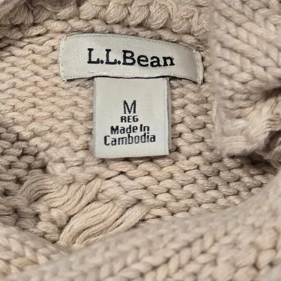 L.L. Bean Double-L Cream Fisherman Mixed Cable Knit Funnel Neck Sweater, Medium - Picture 9 of 9